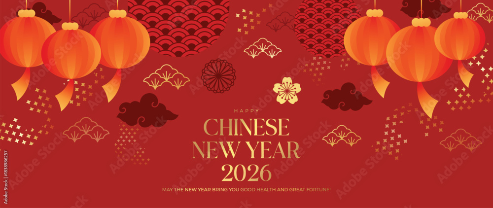 Fototapeta premium Chinese New Year 2026 greeting card vector background with red lanterns, gold flowers and decorative clouds on dark red. Elegant festive design for invitation, banner and celebration.
