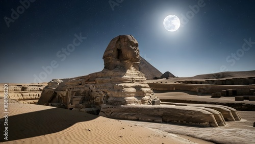 Iconic Great Sphinx of Giza at Night | Ancient Egyptian Landmark Under a Full Moon and Starry Desert Sky