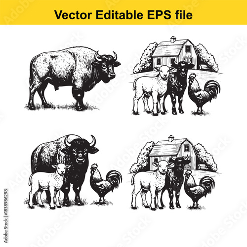  Farm animals set vector editable eps file black and white illustration farming domestic livestock design element collection
