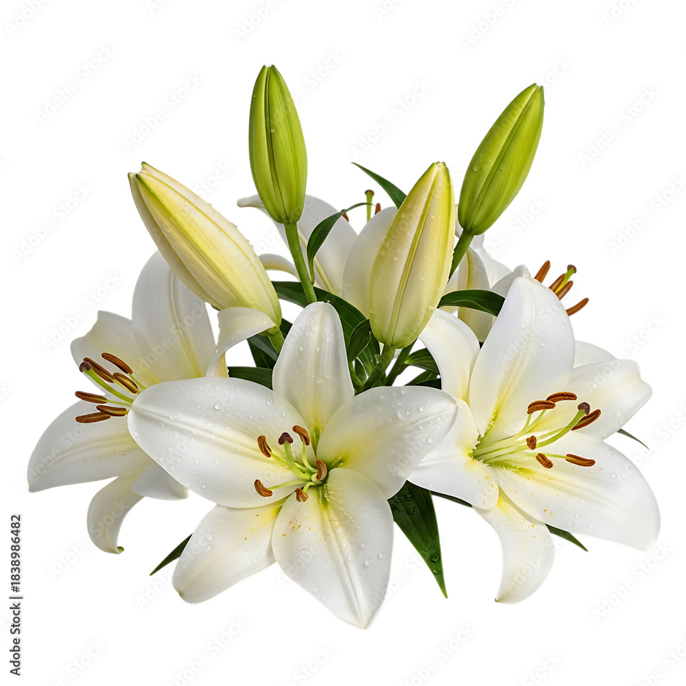Obraz premium Elegant white lily bouquet with buds and leaves on transparent background