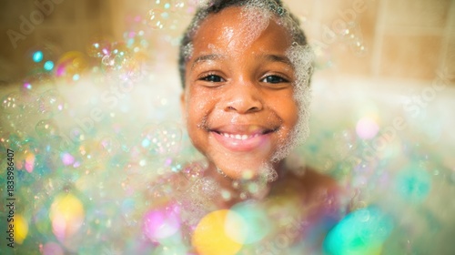 Wallpaper Mural Child enjoys bath time with bubbles and smiles in the bathroom Torontodigital.ca