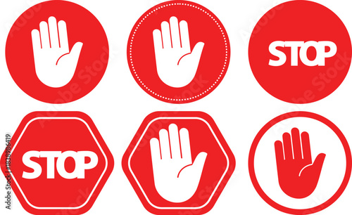 Set of minimalist red stop signs and symbols including open hand gestures and STOP text in various shapes perfect for safety warnings traffic control and UI design