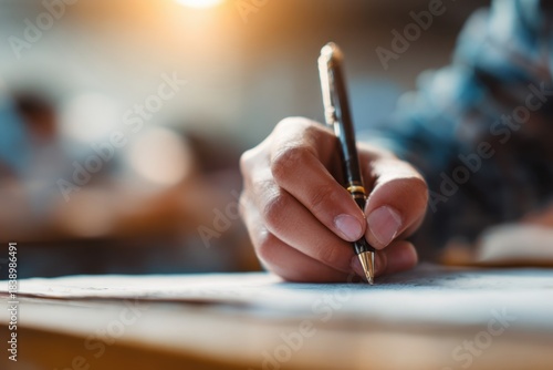Close-up of a hand holding a pen and paper, doing an exam in school, writing something. Blurred background. The student is sitting at their desk, taking a mental test for a final-year class.