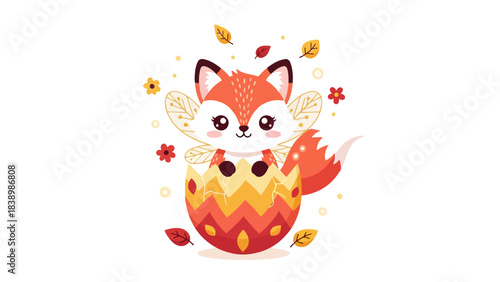 Cute fairy fox hatching from a decorated broken eggshell