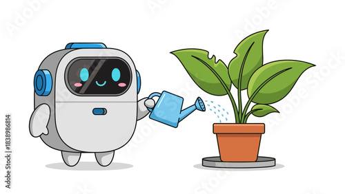 Cute robot watering a potted green plant with a blue watering can
