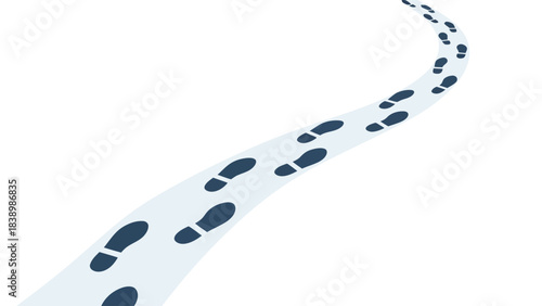 Dark blue footprints curve upward on a light blue path against white