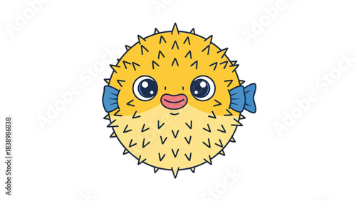 Cute yellow spiky cartoon pufferfish with blue bow fins