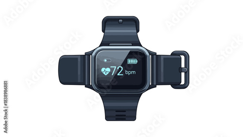 Dark smartwatch displaying heart rate 72 bpm and battery status