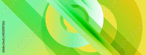 Abstract composition features overlapping circles, lines. Gradient shades create dynamic visual effect. Bright greens, yellows dominate design.