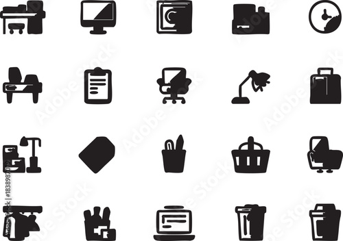 Office supplies icon vector set: desk, chair, computer, lamp, and more eps silhouette