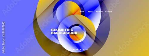 Abstract design features vibrant blue, yellow layers. Text includes work, about, portfolio, contact. Geometric background dominates visual space.