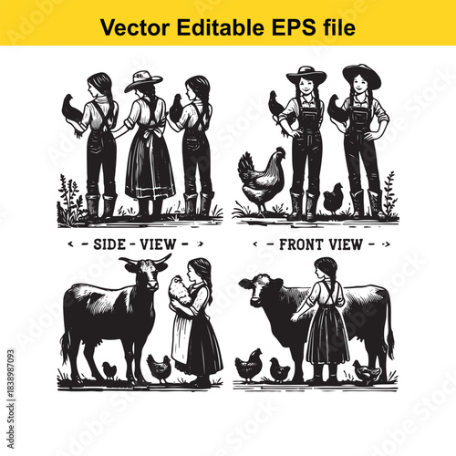  Set of black and white illustrations featuring female farmers in side and front views with chickens and cows