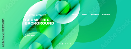 Abstract geometric background. Vibrant green shades dominate design. Text elements include geometric background, read more. Navigation options present work, about, portfolio, contact.
