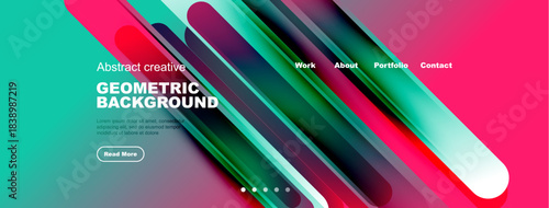 Abstract website header design. Vibrant colors, geometric shapes, text elements present. Modern, dynamic visual composition.