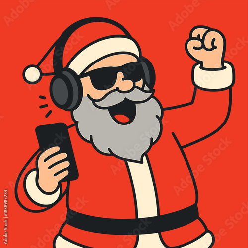 A crazy Santa Claus with a gray beard, wearing a wireless modern headset, holds a smartphone, looks at the mobile screen, listens to music, dances, wears sunglasses and a cap, all set against a