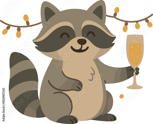 A playful raccoon holding a champagne glass cheers the New Year, surrounded by warm Christmas lights and a festive holiday vibe