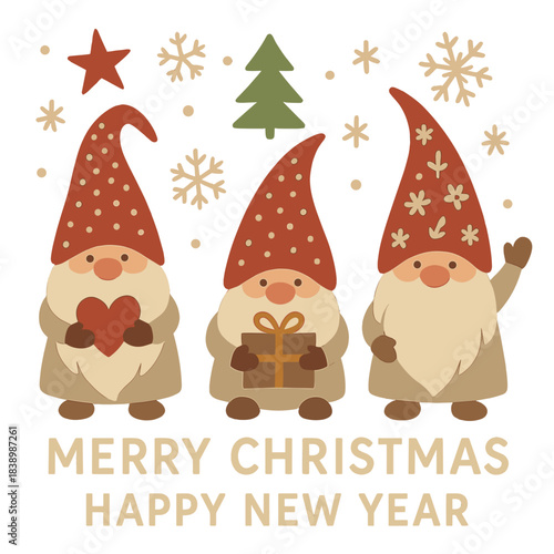 Season's greetings: Scandinavian Christmas cards featuring adorable gnomes wearing red hats, wishing you a merry Christmas and a happy New Year, illustrated in a cartoon vector style with vintage