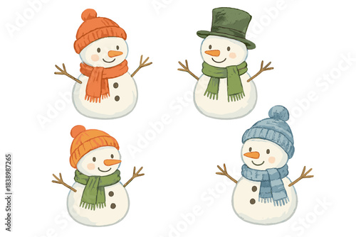 A collection of whimsical, adorable Christmas figures hand‑painted in watercolor, featuring snowmen wearing hats and scarves in a sketch style, all set against a white background