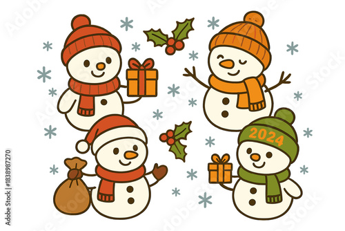 A collection of adorable cartoon snowmen wearing knitted hats and scarves, surrounded by Christmas gifts, snowflakes, holly, and dressed as New Year characters