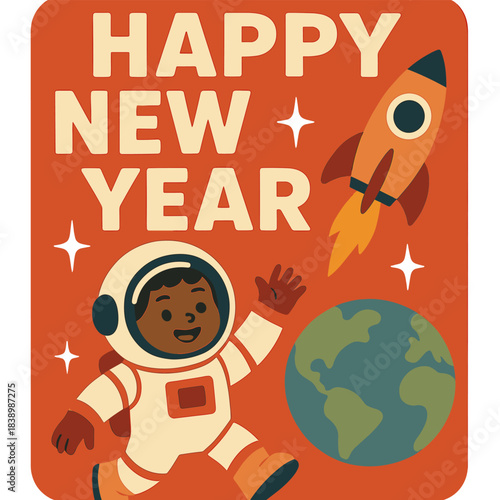 Retro Vintage Science Fiction New Year Greeting Card for Children featuring an Astronaut Spaceship Earth Cartoon Character, Diverse and Inclusive
