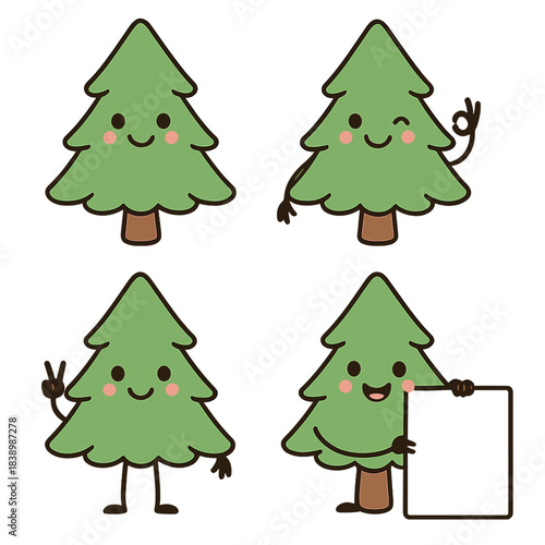 A whimsical green fir tree cartoon character, rendered in flat vector style, features a smiling spruce mascot winking and giving a peace sign, all set for an advertising signboard