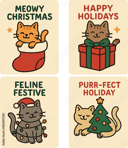 A set of hand‑drawn Christmas cards featuring adorable cats and humorous quotes, plus vector templates for cards, posters, or banners celebrating Merry Christmas and Happy New Year