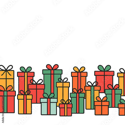 A continuous festive design featuring Christmas presents, colorful gifts, and a bordered outline of holiday symbols, all rendered as a flat vector seamless border with gift boxes