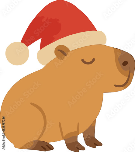 A watercolor illustration of a capybara wearing a Santa hat against a white background