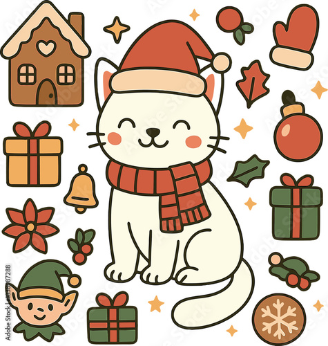 A charming vector illustration of a Christmas cat adorned with winter accessories, gifts, holiday decorations, gingerbread houses, ornaments, bells, and festive characters—ideal for stickers, cards
