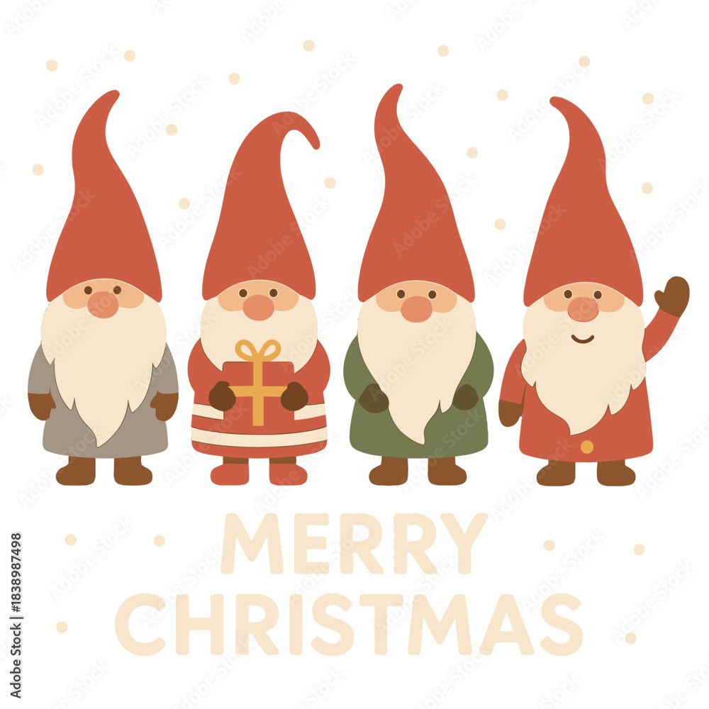 Fototapeta premium This Merry Christmas postcard showcases four cute gnomes with red caps in a flat style against a dark background, serving as a dwarfs design template for a Merry Christmas and Happy New Year card