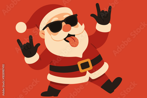 Old, mischievous Santa, sporting sunglasses and a comic grimace, frolics against a red backdrop
