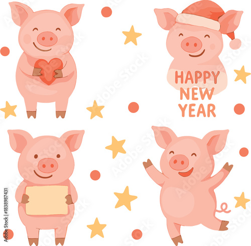 A continuous pattern featuring adorable piglets, cartoonish pig characters, and a Happy New Year greeting with the 2019 Chinese zodiac symbol, presented as isolated elements on a white background in