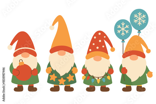 A vector set featuring holiday gnomes, with adorable elves holding a toy Christmas tree, starry garland, and snowflake-patterned balloons, while Santa’s helpers wear ing caps, all rendered in