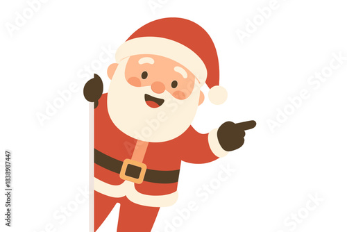 A cheerful Santa Claus peeks out from behind a wall, a cute Christmas character that looks, sneaks, points, and promotes the winter holiday, rendered as a flat vector illustration on a white