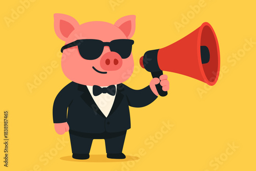 Stylish pig in a tuxedo and sunglasses holds a megaphone against a yellow backdrop
