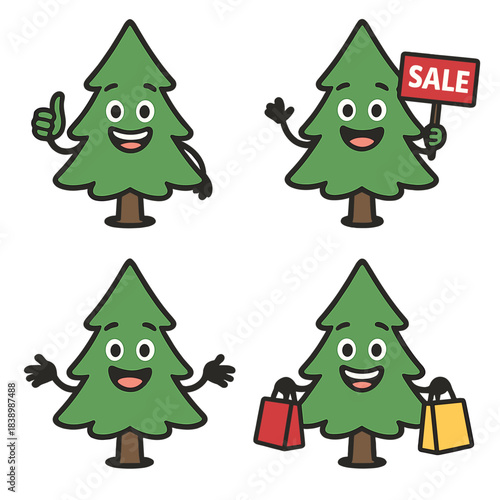 A cheerful green fir tree cartoon character, rendered in flat vector style with contoured outlines, serves as a funky, smiling spruce mascot for a shopping sale, offering a welcoming greeting that