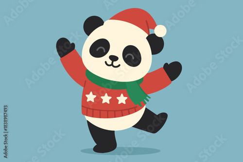 A panda in festive garb dances against a blue backdrop