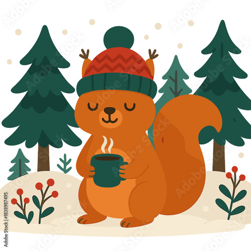 A squirrel wearing a whimsical knitted hat holds a cup of fragrant beverage in its paws amid a Christmas‑lit magical forest