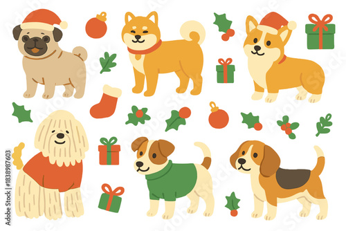 Cute dog Christmas pattern featuring Pug, Shiba Inu, Komondor, Corgi, Jack Russell, Beagle, and Puddle
