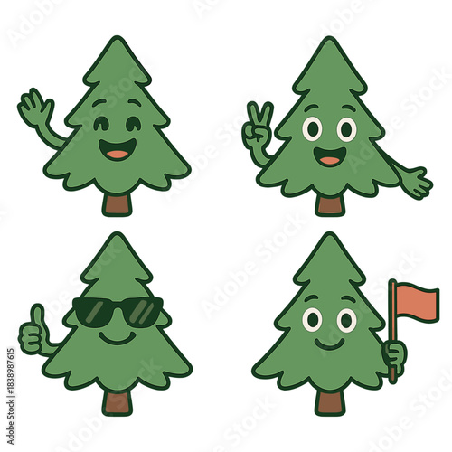 A whimsical green fir tree cartoon character, rendered in flat vector style, smiles and waves a flag while wearing sunglasses, greeting with a peace gesture
