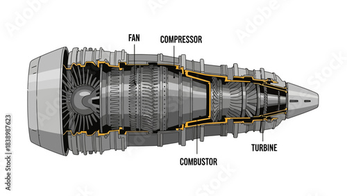 Diagram illustrating the labeled crosssection of a turbofan jet engine