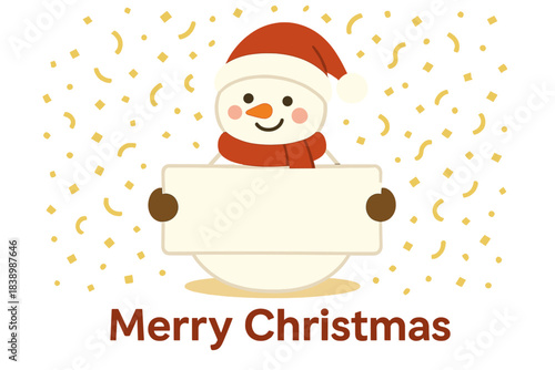 This mockup showcases a merry Christmas card with a snowman holding a blank banner, set against a winter holiday backdrop dusted with gold confetti, wishing a happy new year and featuring a humorous