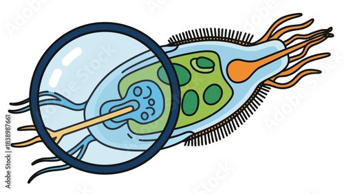 Diagram of a magnified protozoan cell with internal structures and external appendages