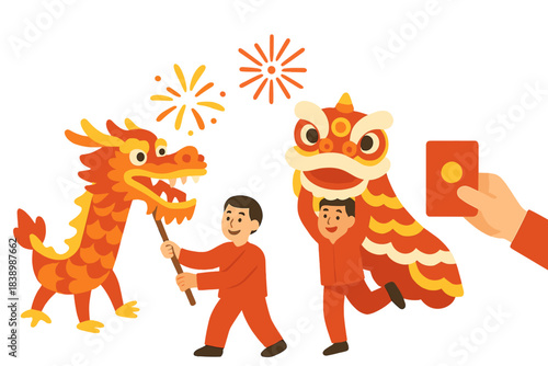 During Chinese New Year, people perform dragon and lion dances, set off fireworks, gather with family, exchange red envelopes containing money, and savor traditional festivities
