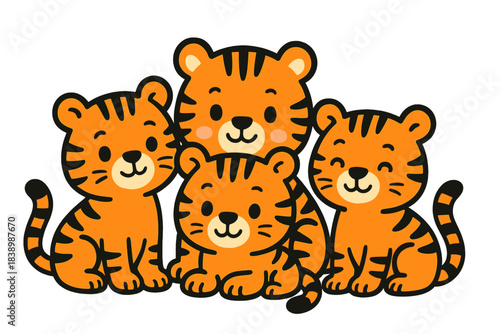 A cluster of playful tiger cubs sits together, symbolizing the Chinese New Year, depicted as colorful cartoon characters in a humorous vector illustration against a white background