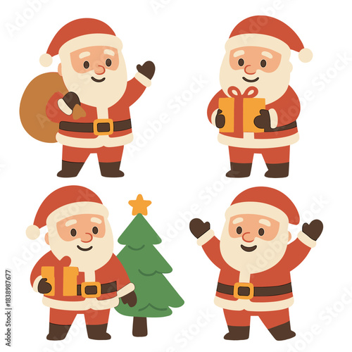 Cartoon mascots of Santa Claus, bearded winter fairy‑tale heroes, bring gifts, a New Year tree, and a festive holiday atmosphere, all dressed in Santa Claus Christmas costumes