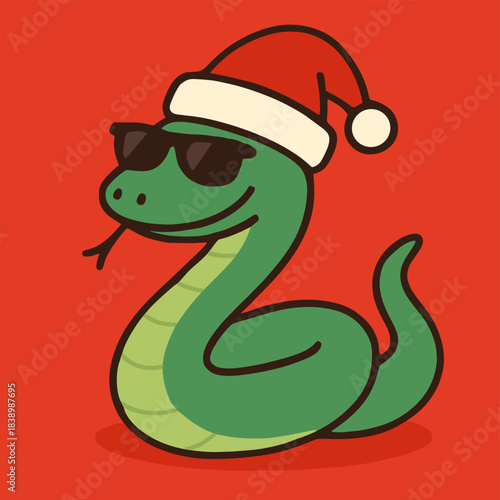 A snake in sunglasses and a Santa hat strikes a pose against a bright red backdrop, evoking a festive vibe