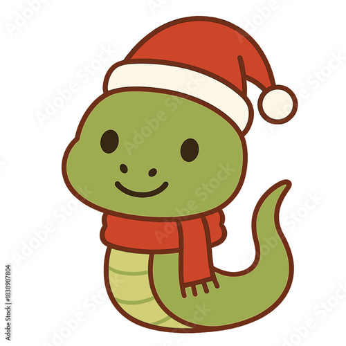 Adorable wild animals don Santa Claus hats and winter holiday headdresses, including a snake with a Santa hat and warm scarf, a dragon in a red costume, all set against a green background for a Merry