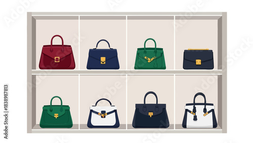 Eight structured handbags displayed in a twoshelf fourcompartment shelving unit