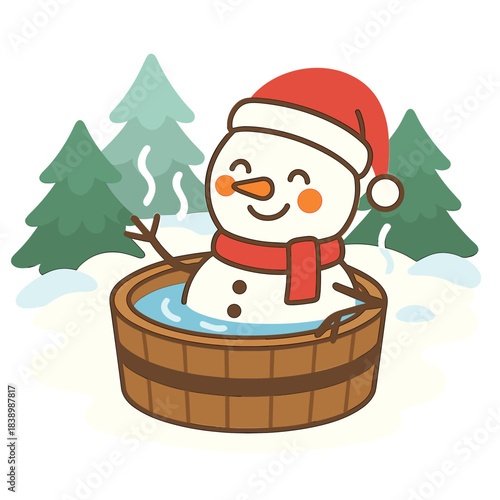 A whimsical Christmas snowman lounges in a steaming hot tub, savoring a spa day amid a snowy winter forest, embodying a playful holiday character